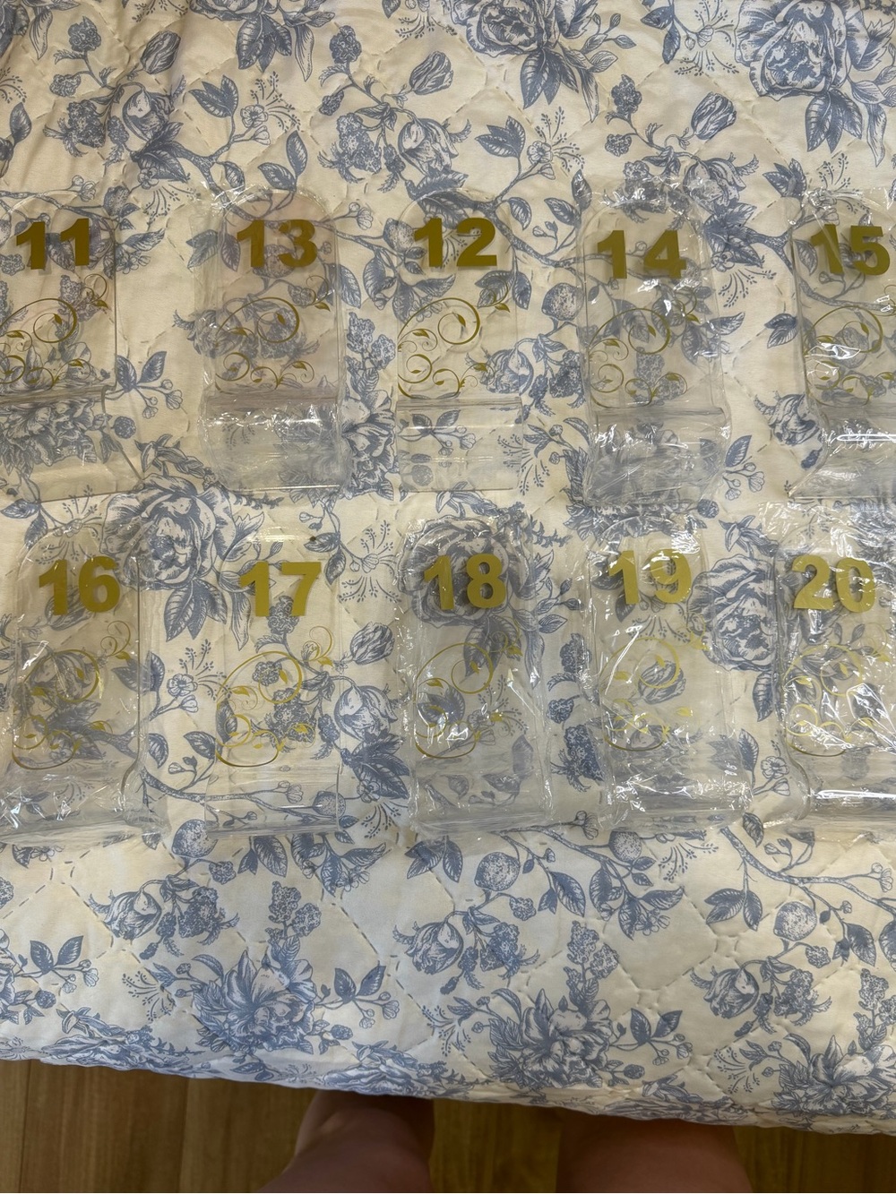 Clear acrylic table numbers with Gold Print 11-20